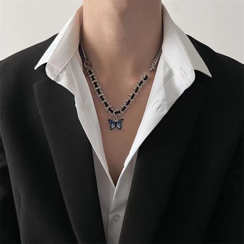 Silver Thorn Chain Butterfly Choker Necklace Blue Enamel Butterfly pJewelry