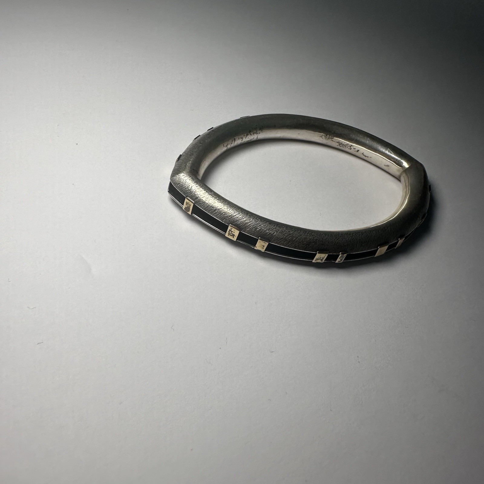 4 inch vintage silver t Bangle bracelet with square accent links, asymmetrical
