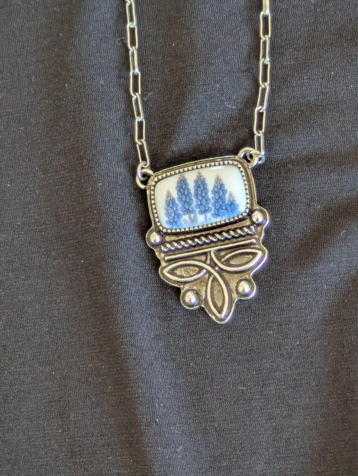 Texas Bluebonnet Flower Necklace Western Silver Tone Paperclip Chain Pendant New