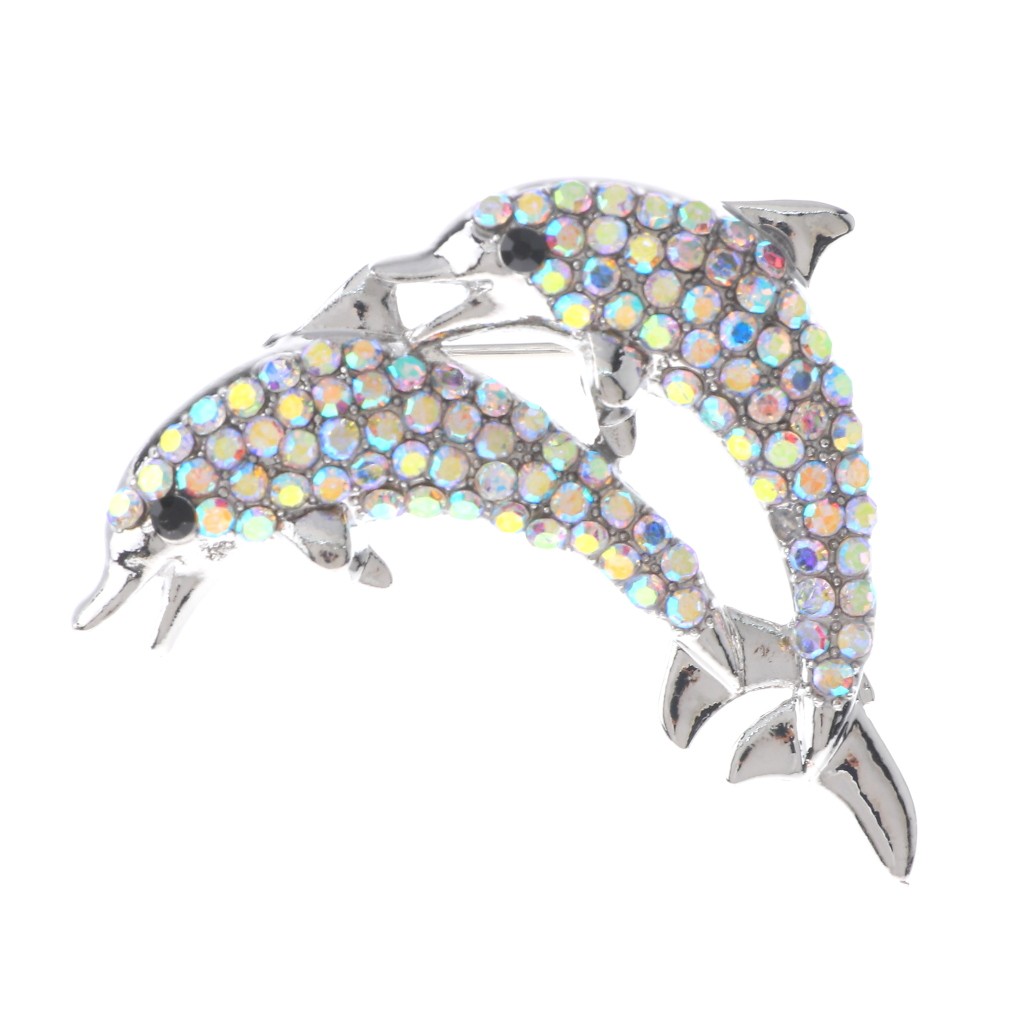 Silver Tone Alloy Metal Crystal Dolphin Brooch P1661-SAB