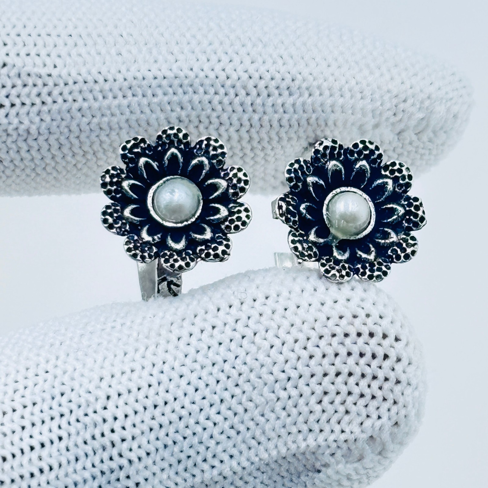 Silver Tone Floral Toe Rings Artificial Faux Pearl Adjustable Boho Vintage