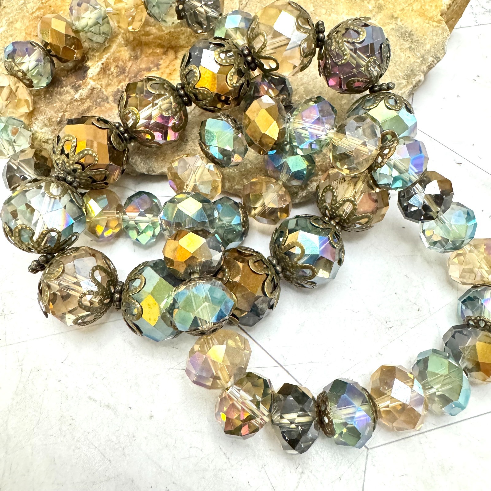 Set of 3 Aurora Borealis Stretch Bracelets Faceted Glass AB Beads Slip On