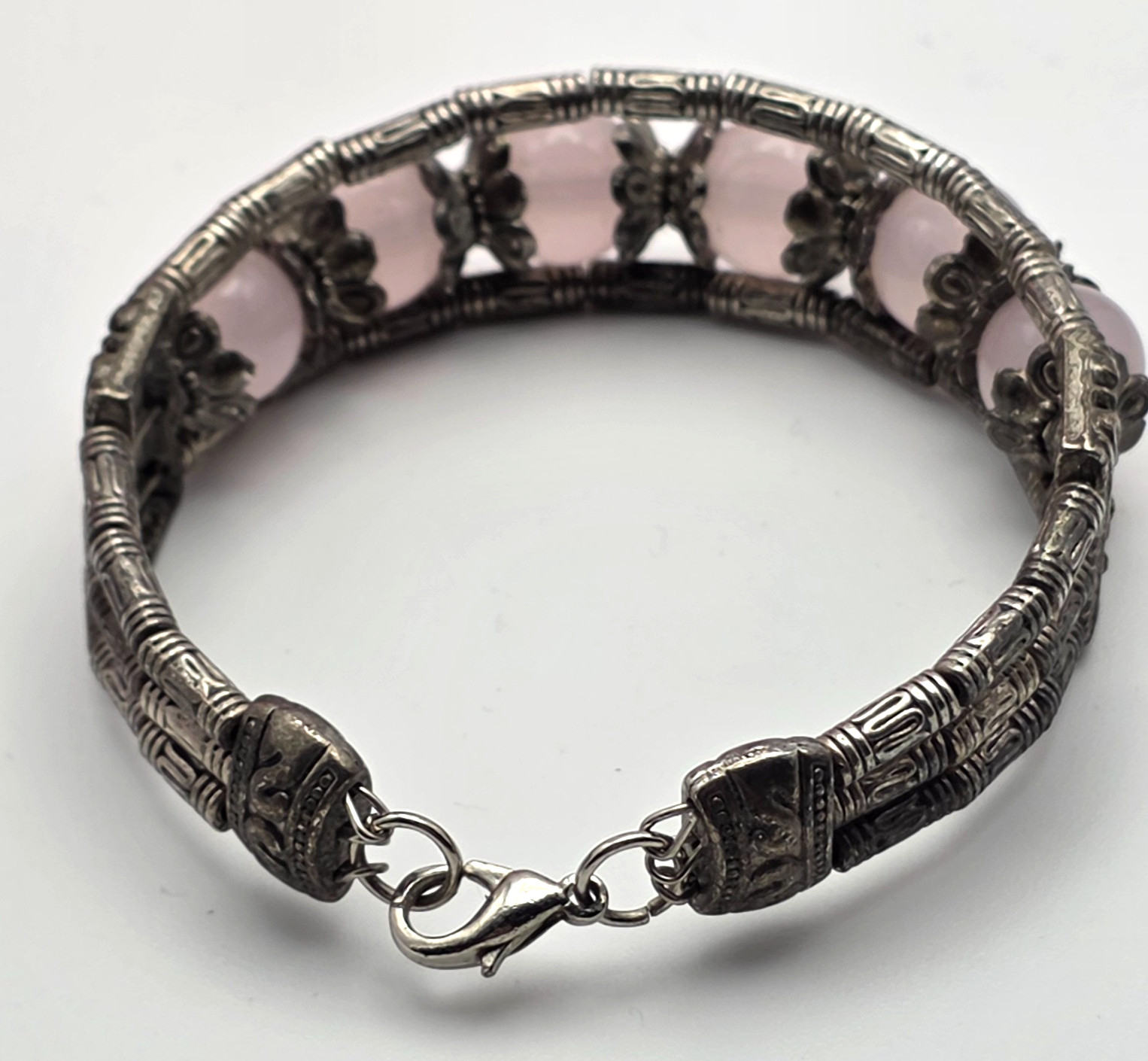 Rose Quartz Bead Bracelet Silver Tone Multi Strand Butterfly Bali Style 6.5in