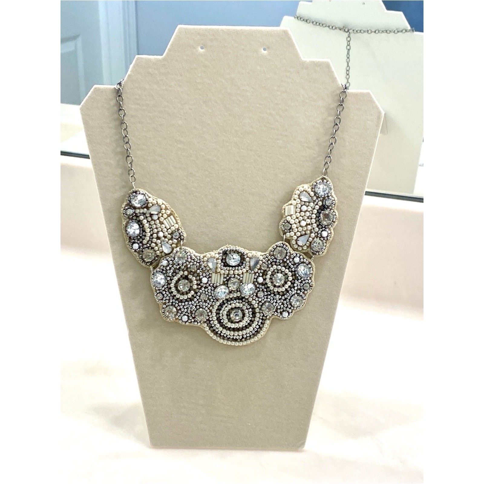 Unique Vintage Cream and Silver Beaded Bib Necklace