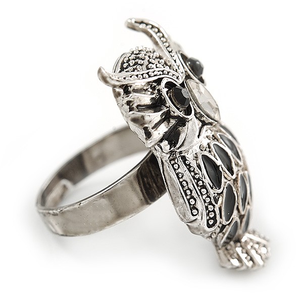 Owl Ring In Silver Tone Metal with Black Enamel Detailing – 30mm L – 7/8 Size –