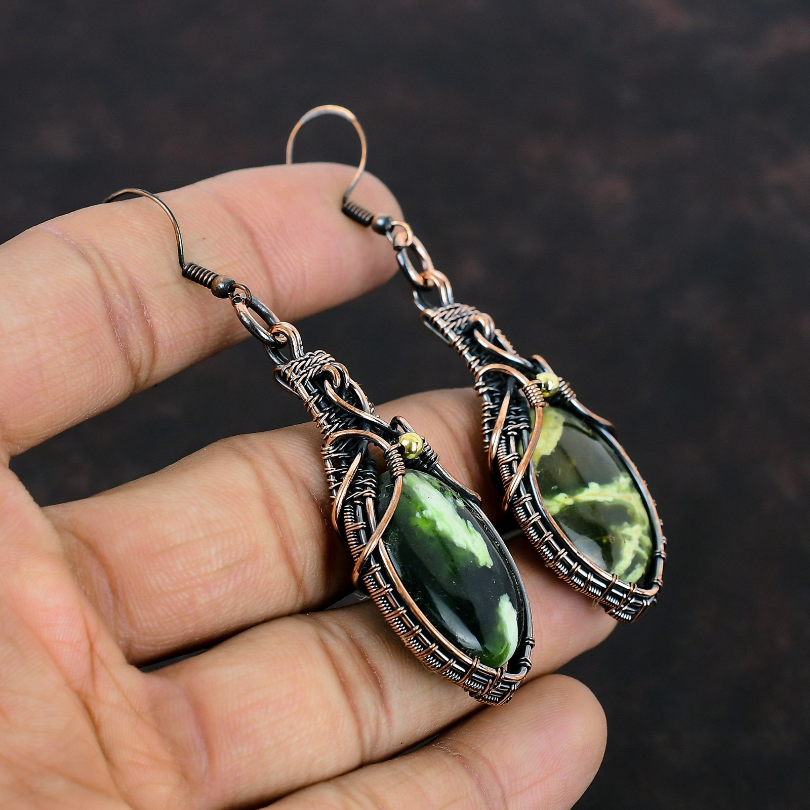 Copper Natural Australian Chrome Chalcedony Wire Wrapped Dangle Drop Earrings