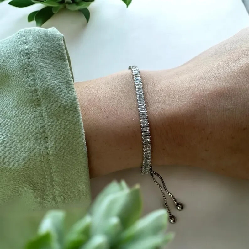 6.7Ct Baguette Simulated Diamond 14k White Gold Over Dainty Bolo Tennis Bracelet