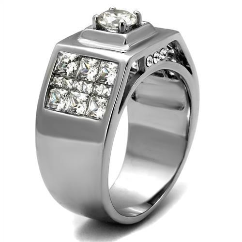Men’s Ring, Clear CZ, Stainless Steel, Statement, Sparkling, Bold Design