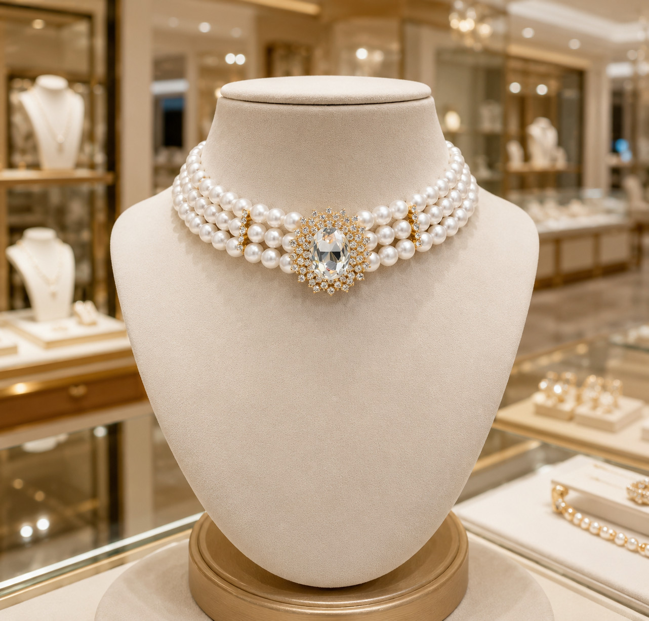 3-Layer Faux Pearl Choker Necklace Women Gold-Tone Crystal Pendant Bridal Gift
