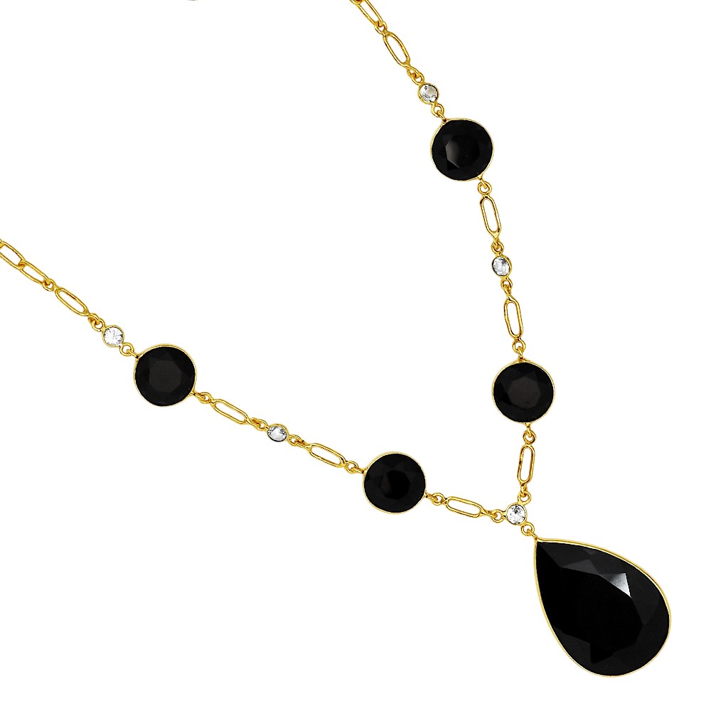 18K Gold Over Brass Black Onyx & Sky Blue Topaz Necklace Earrings Set TT01003
