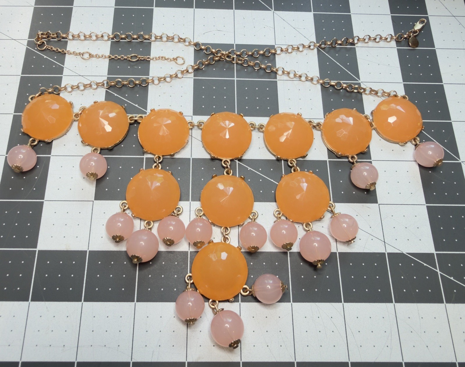 Bold Peach and Pink Chunky Statement Necklace Gold tone Bib Choker