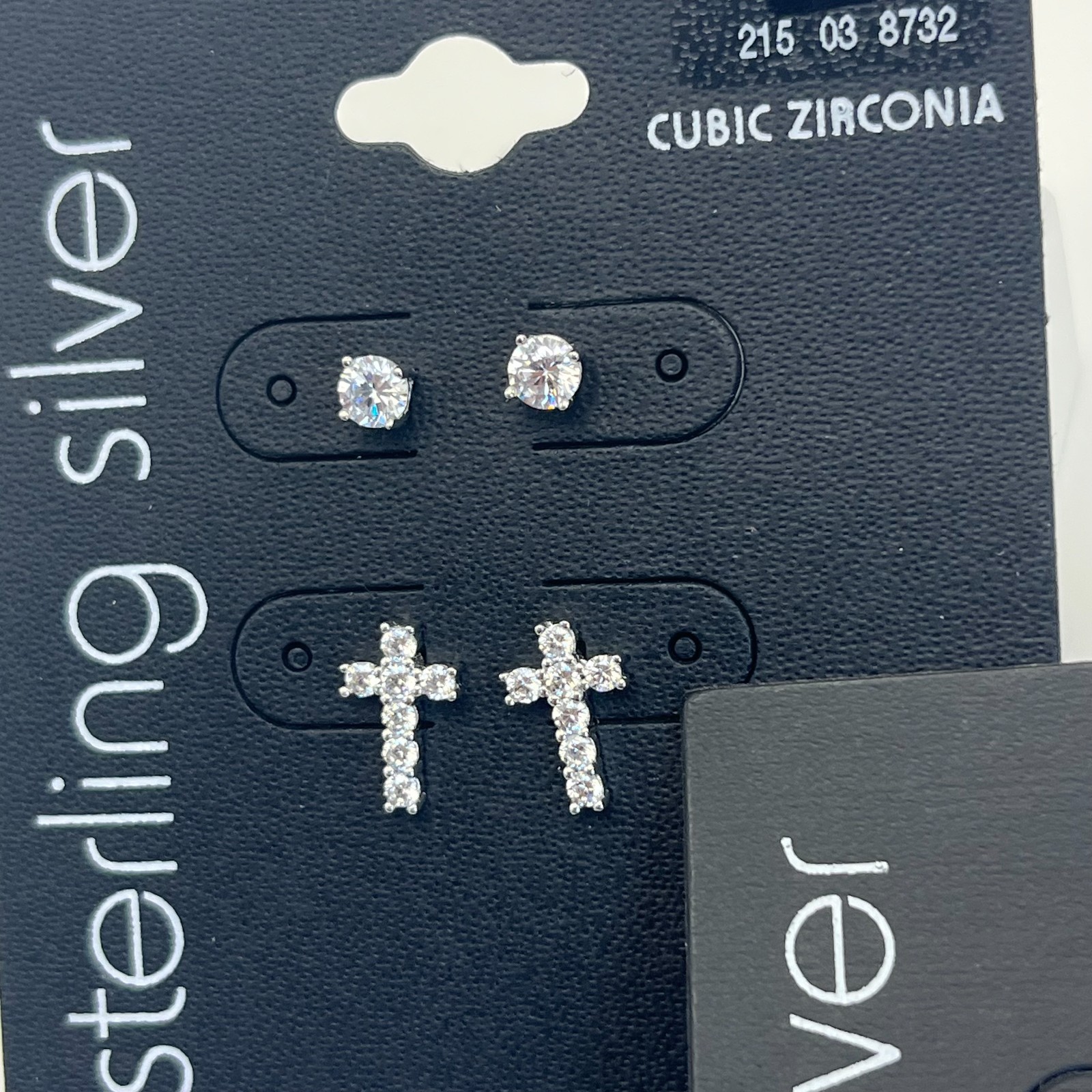 Sterling Silver Cubic Zirconia Earrings Lot Cross Stud & Pear Stud 3 Pairs