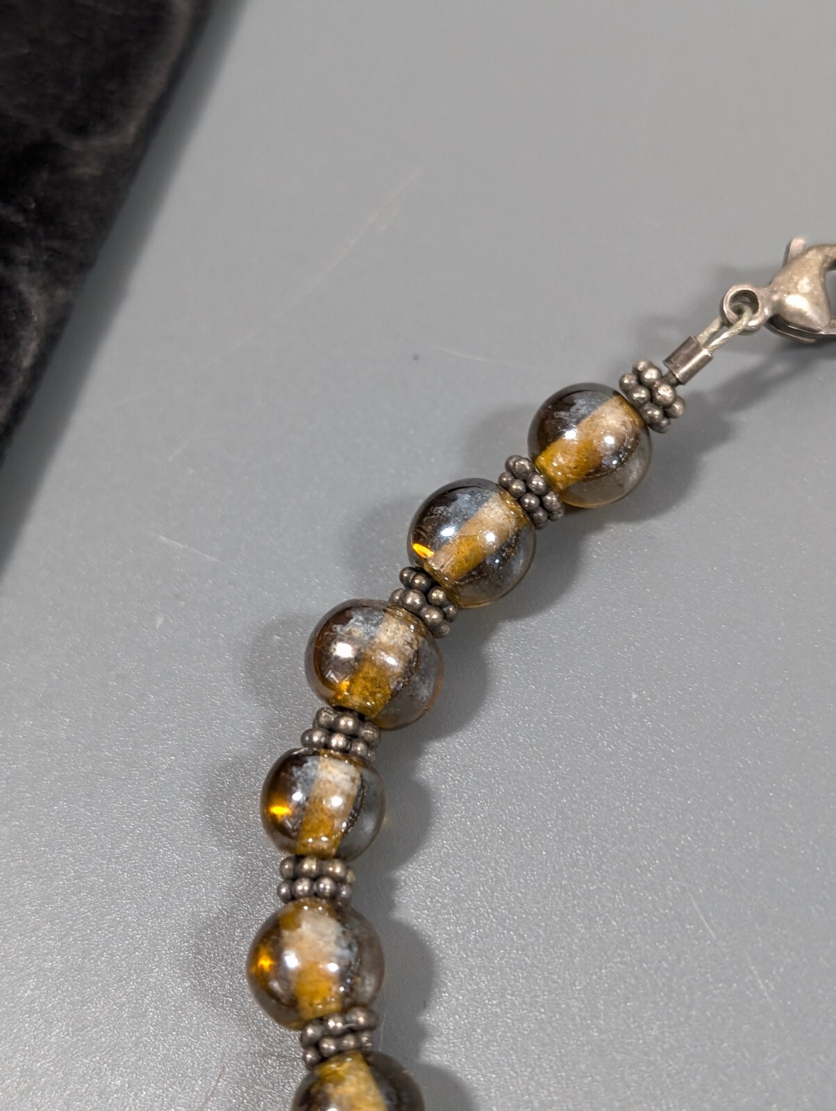 Boho Western Brown Iridescent Glass Round Bead Bracelet Sterling Clasp 6.5 in