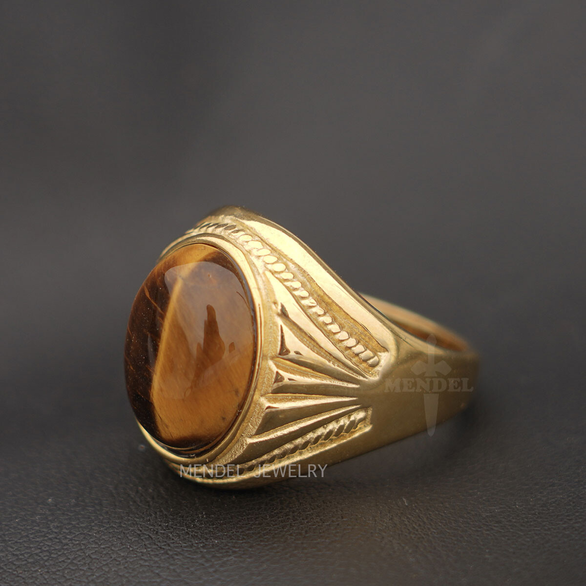 MENDEL Mens Stainless Steel Gold Plated Natural Tiger Eye Stone Ring Size 7-15