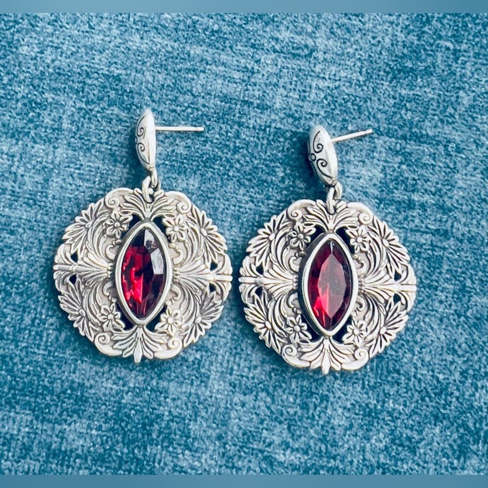 Brighton Rouge Lace Silver Plate Drop Post Earring w Red Navette Crystal