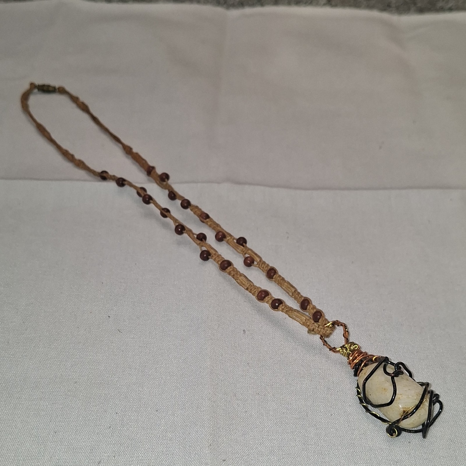 Vintage Bohemian Handcrafted Hemp Cord Necklace – Wire Wrapped Stone Pendant 24″