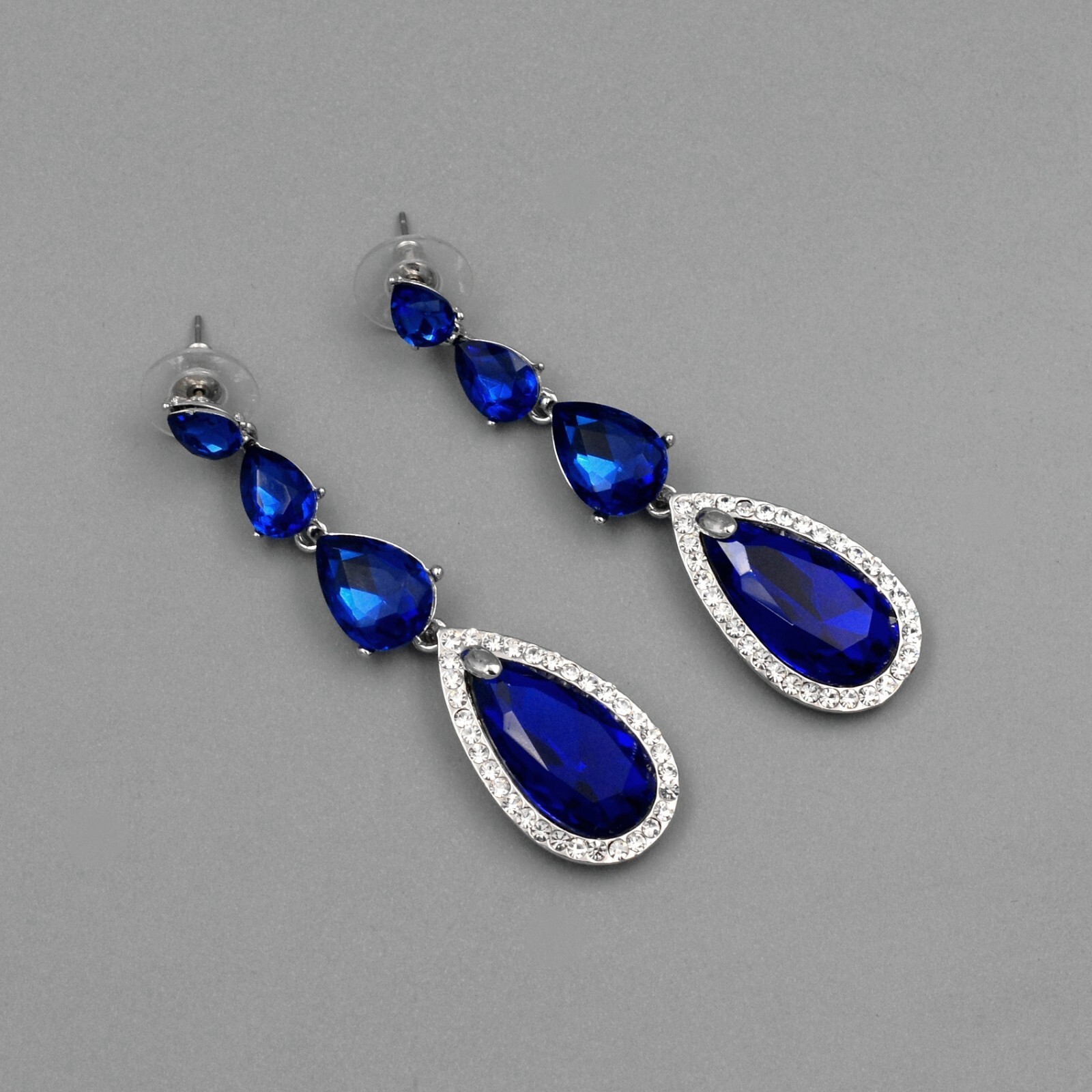 Women Rhodium Plated Blue Crystal Rhinestone Tassel Drop Dangle Earrings 06600