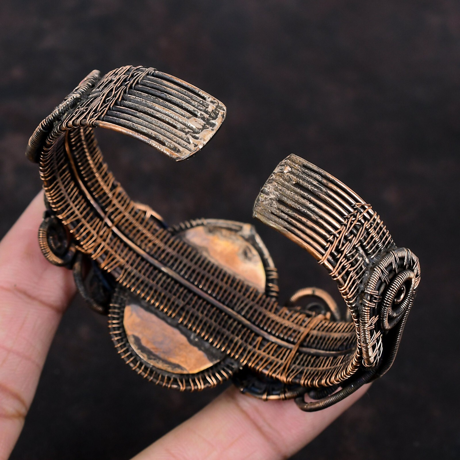 Gift For Her Mystic Fire Labradorite Wire Wrapped Flower Adjustable Cuff Copper