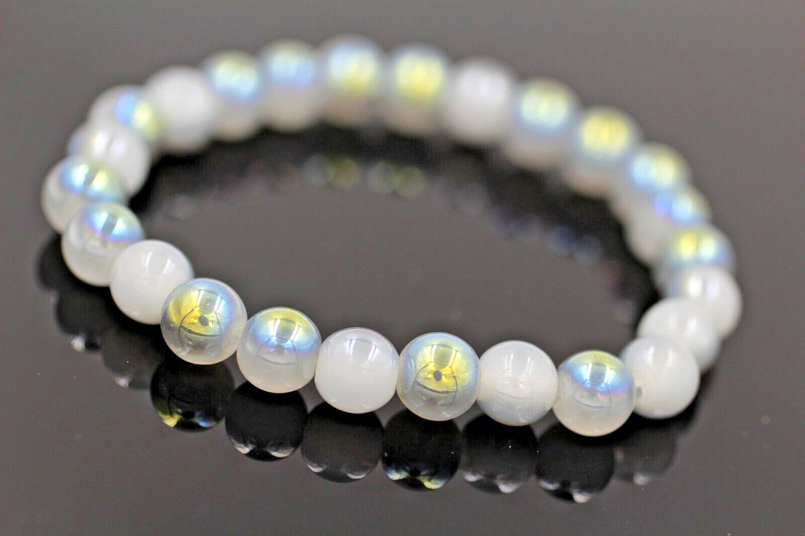 Grey Rainbow Coated Crystal Adjustable Fashion Bracelet Round Beads 7.5” Inch