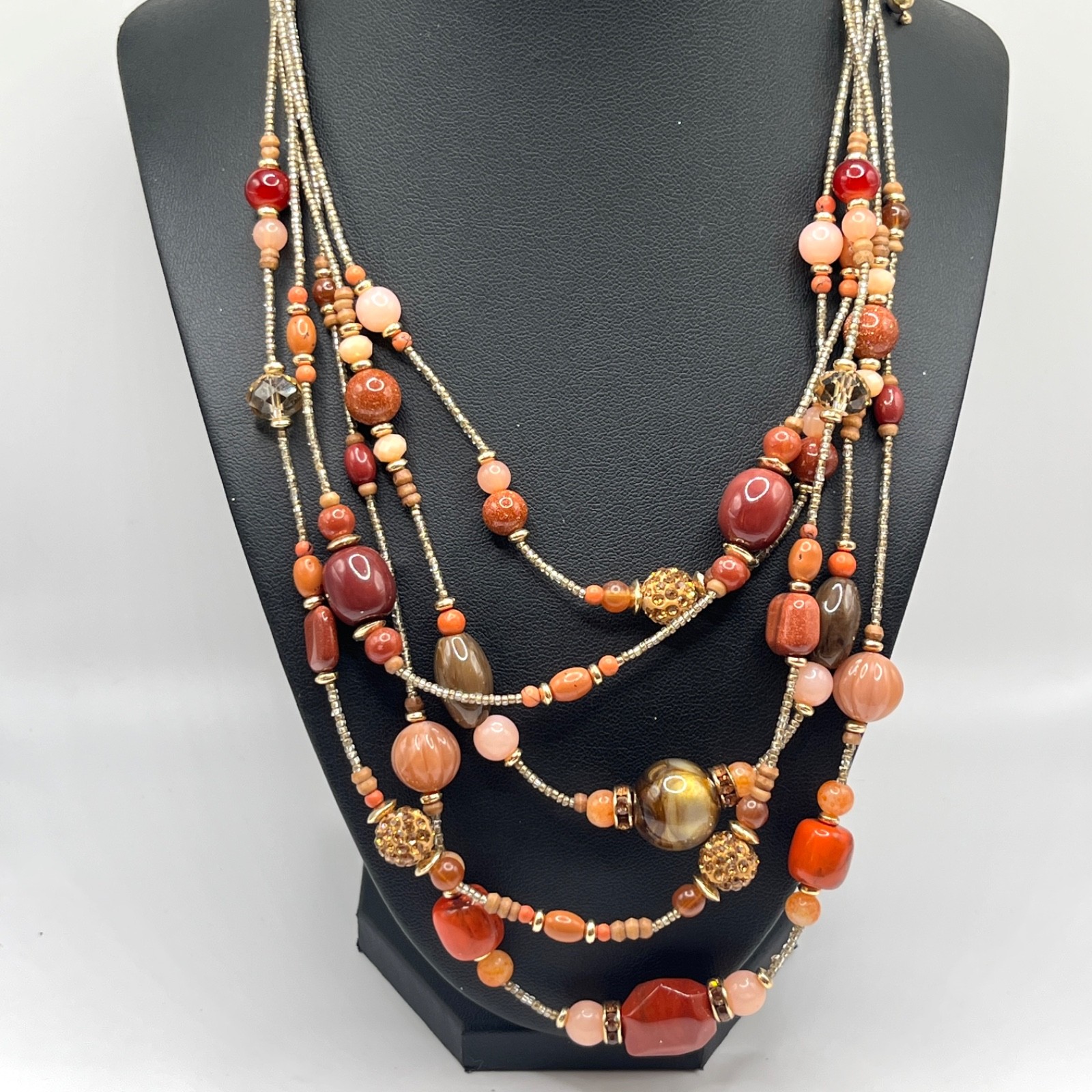 Chico’s Multi Strand Warm Orange Red Pink Mixed Materials Boho Necklace 20″