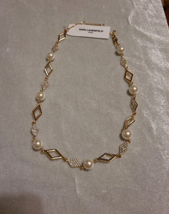 KARL LAGERFELD GOLD TONE WITH PEARLS AND CRYSTAL ACCENT EARRINGS & NECKLACE