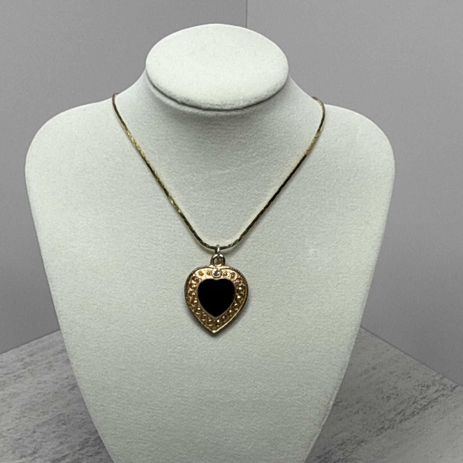 Gold Tone Heart Pendant Charm Necklace Black Onyx Bezel Set Crystal Chain