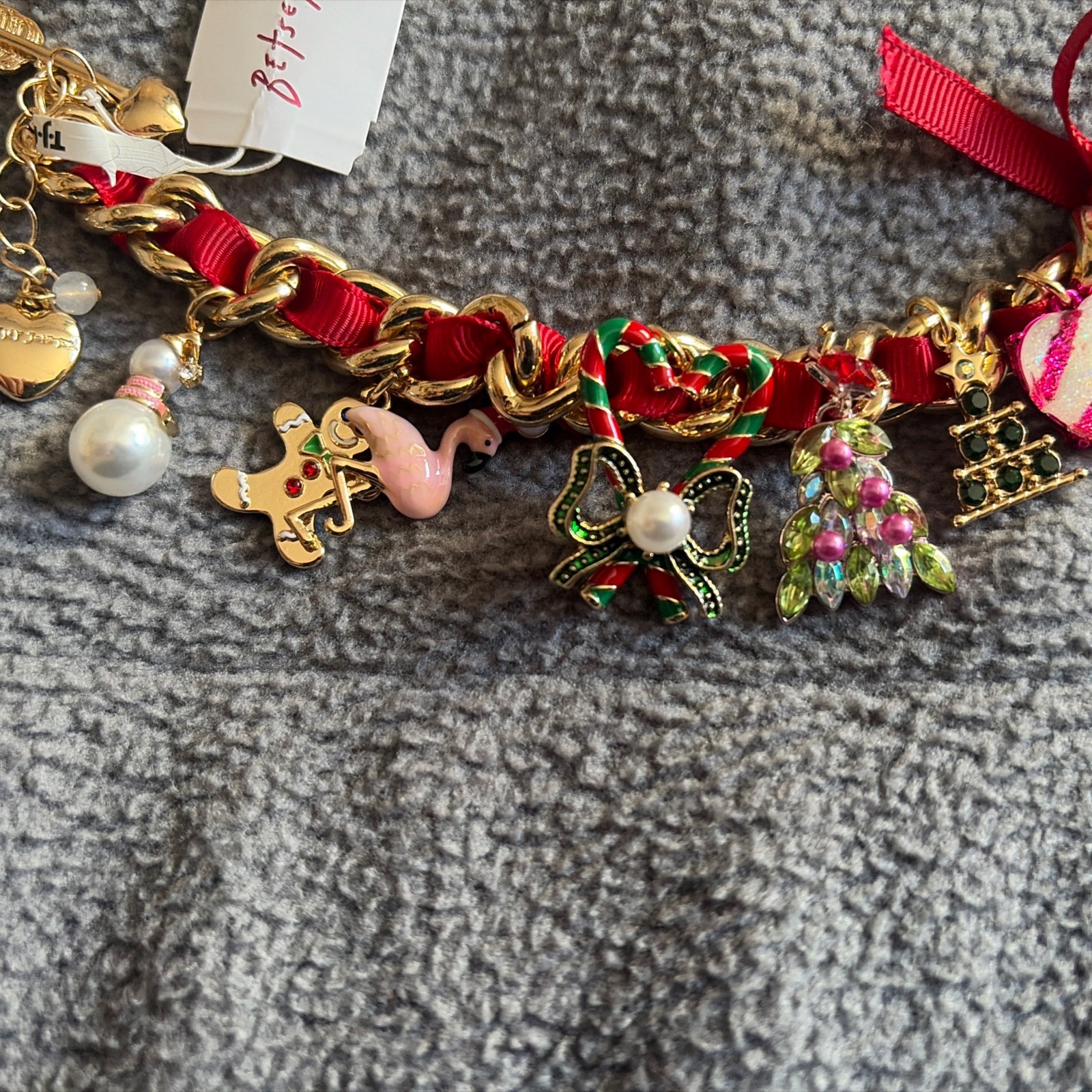 Betsey Johnson Christmas Holiday Gingerbread Tree charm bracelet red ribbon New