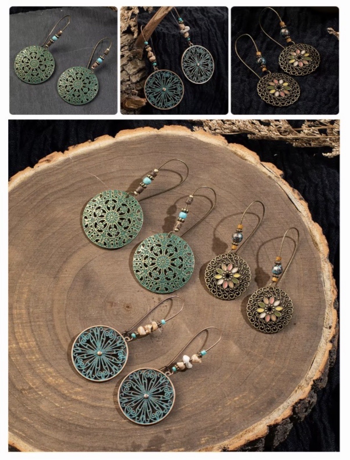 Bohemian Jewelry Set 3 Pairs Metal Earrings Green Bronze Multicolor Nickel-Free