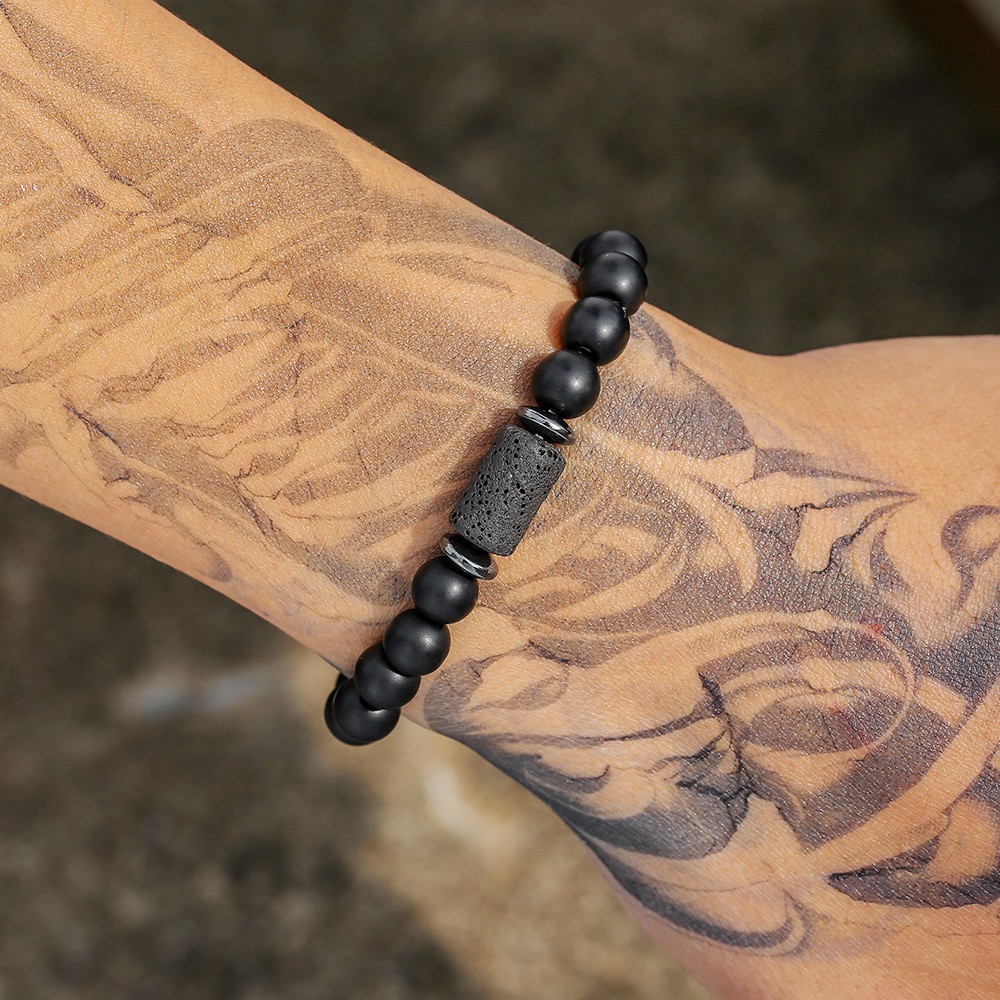Men’s Bracelet Natural Stone Beaded Hematite Spacer Beads Lava Stone Bracelet