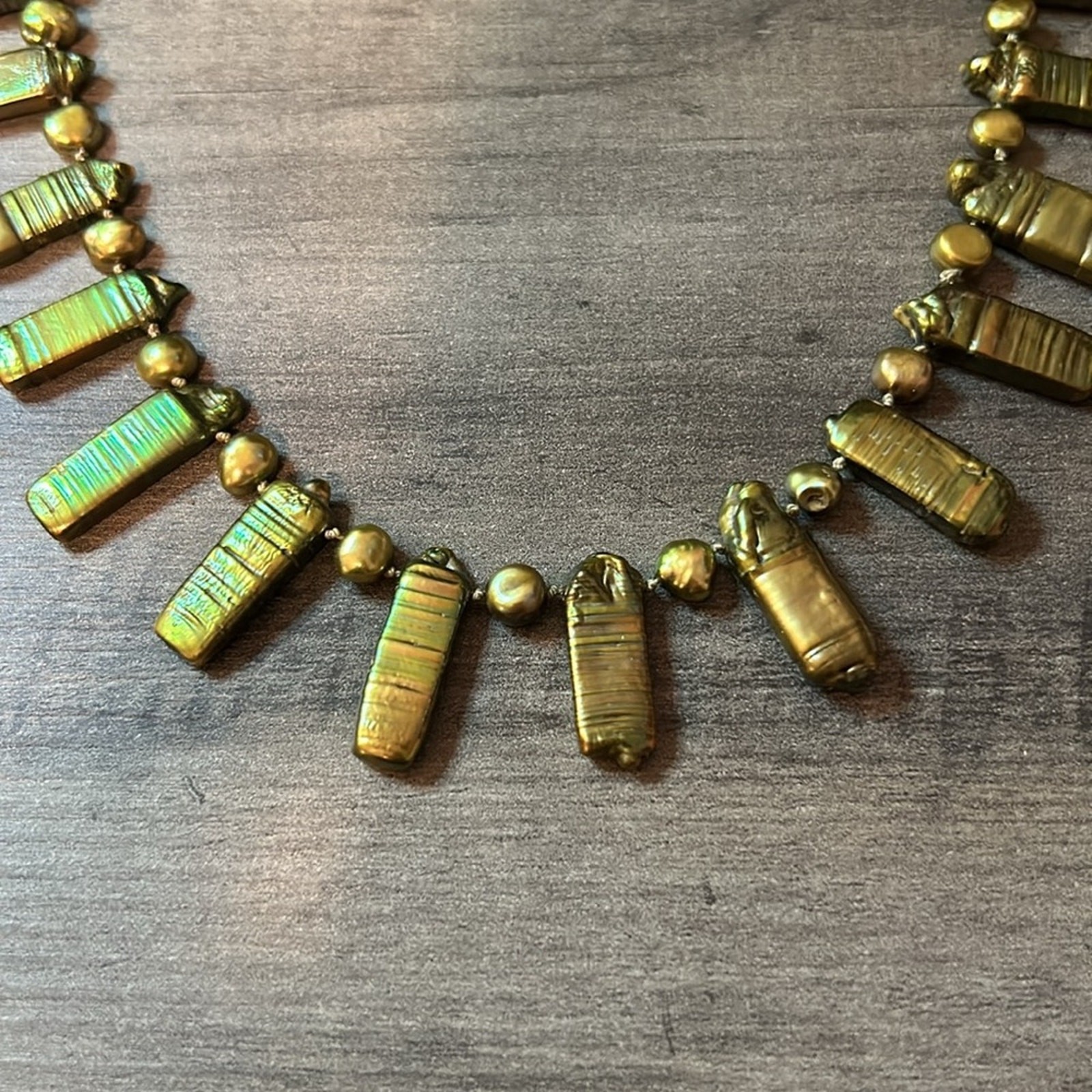 Vintage Green Stick Pearl Statement Necklace #924 hand knotted yellow-green
