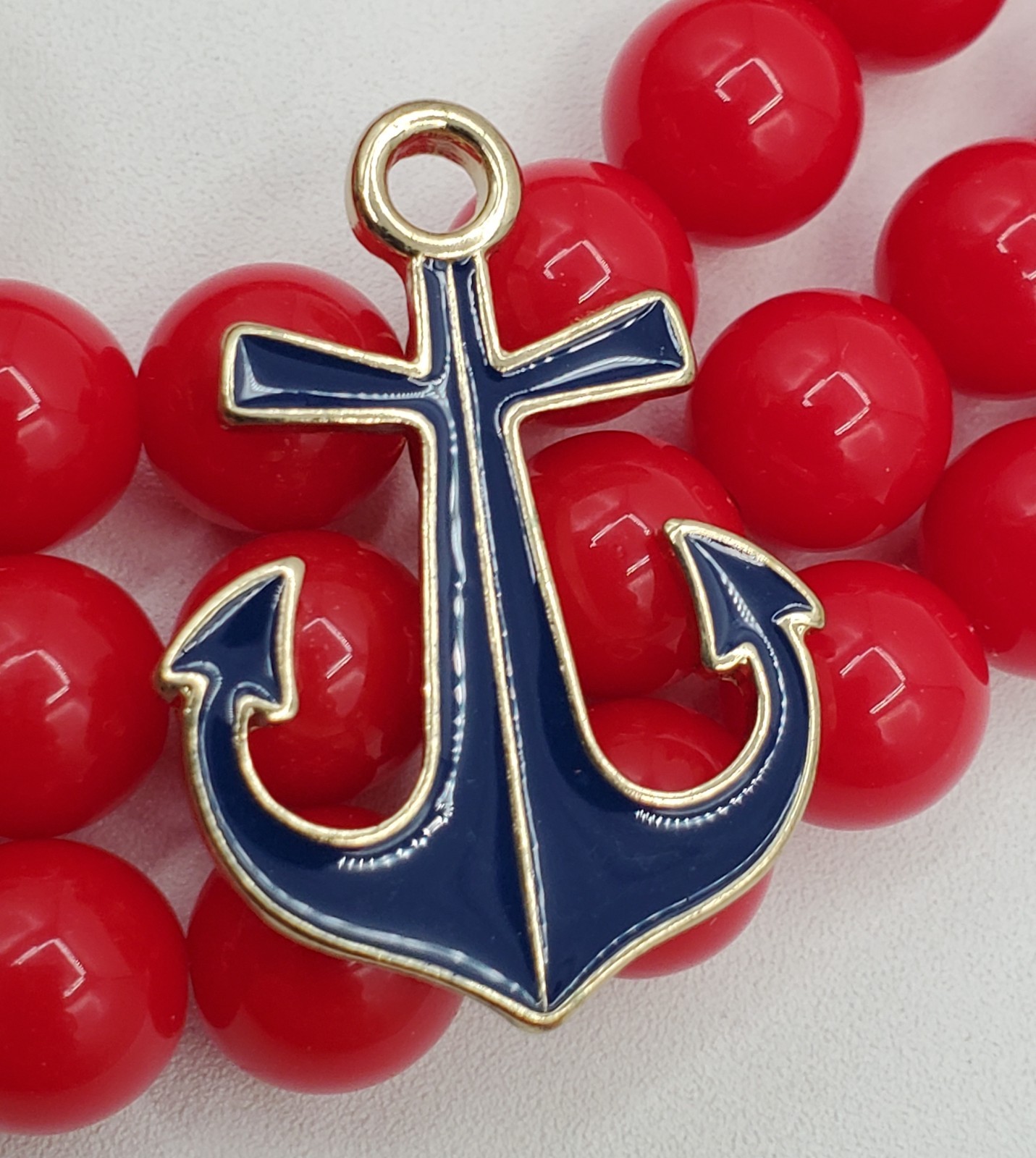 CC Nautical Set Necklace 19in Red Bead Triple Strand Blue Anchor 2 Sailboat Pins