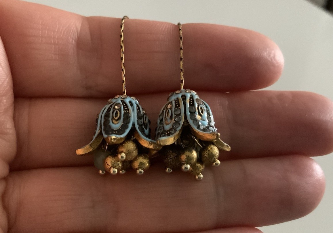 Museum Flower Earrings Filigree Art Nouveau VTG Gold Antique Bell Boho Chain CZ