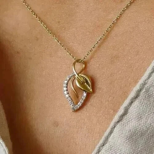 Women Leaf Pendant 18″ Chain 14K Yellow Gold Plated Simulated Round Cut Diamond