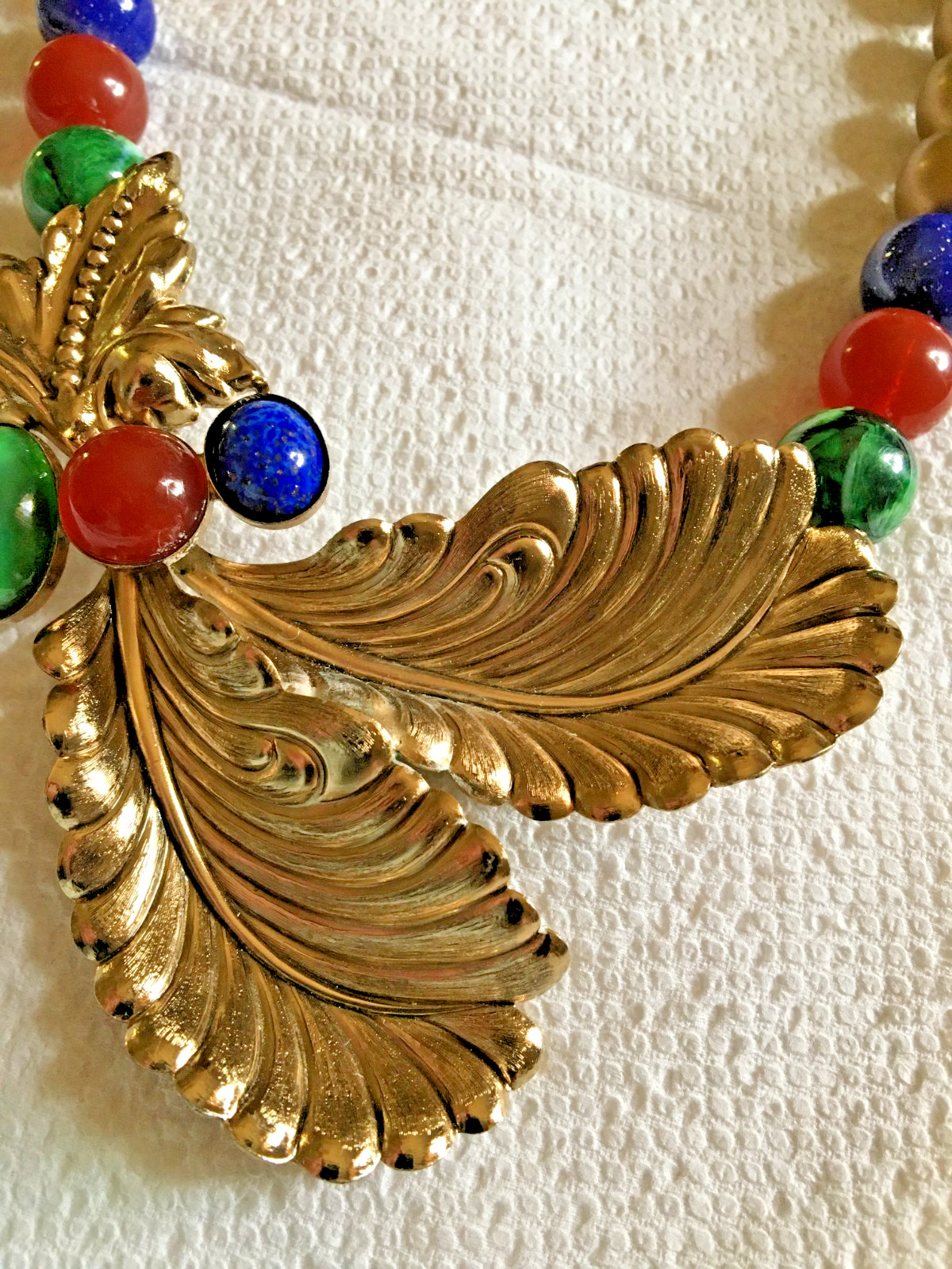 Ornate 18″ Necklace Golden + Stamped Metal Feathers? + Drilled Glass Beads