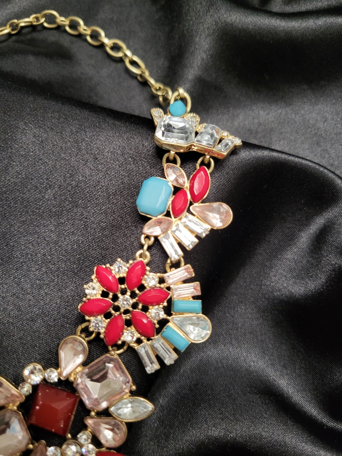 Vibrant Floral Bib Statement Necklace Gold Tone, Red & Turquoise colored stones