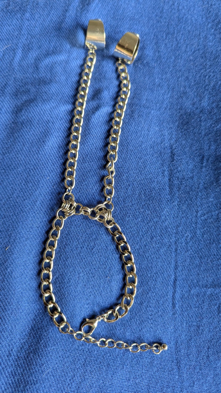 Silver Tone Hand Chain Bracelet Double Ring Slave Bracelet Adjustable Gothic