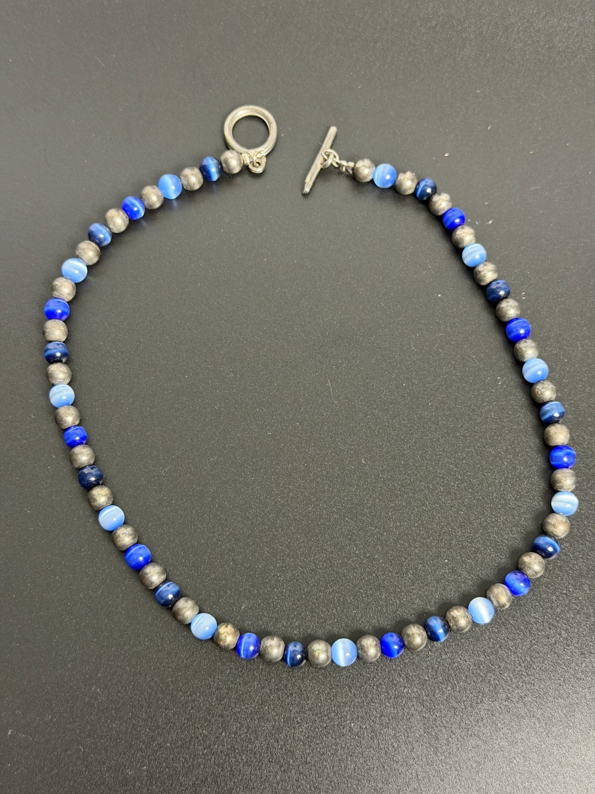 Blue Fiber Optic Cat’s Eye Glass & Pewter Tone Beaded Toggle Necklace 16”