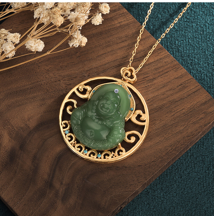 Jade Pendant Necklace Buddha Crystal Charm W/ 18K Gold Plated Chain Gemstone