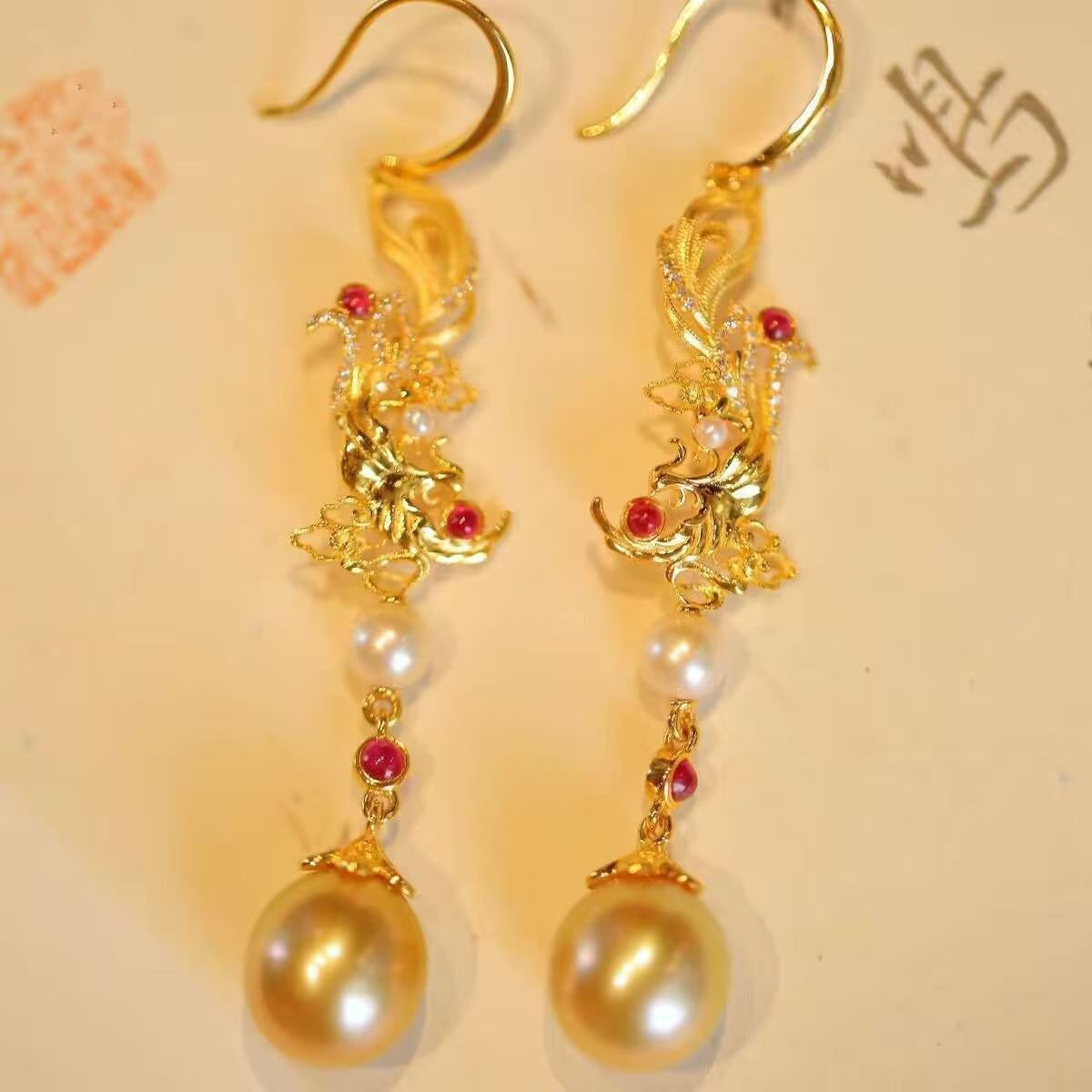 New Chinese Gold Filigree Enamel Phoenix Tassel Earrings Hanfu Cheongsam