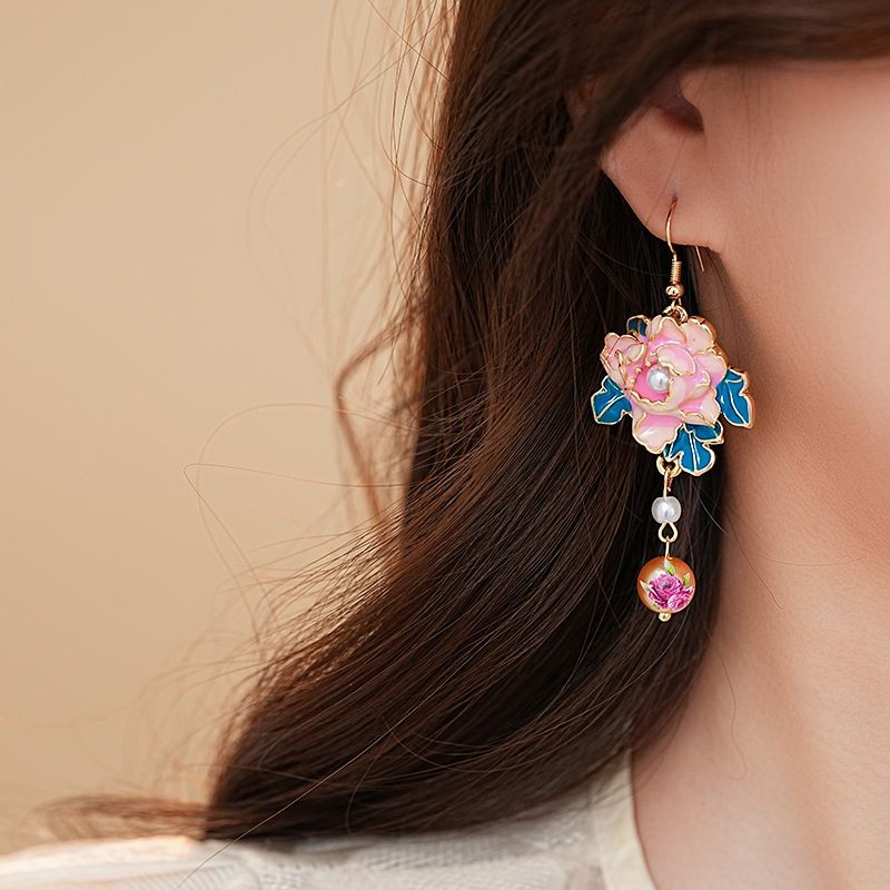 Chinese Style Enamel Painted Flower Pearl Tassel Earrings Vintage Jewelry
