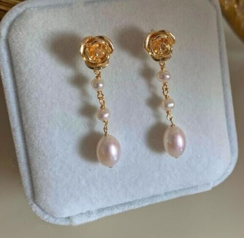 Genuine AAA natural south sea white pearl dangle earrings 14k yelllow gold P