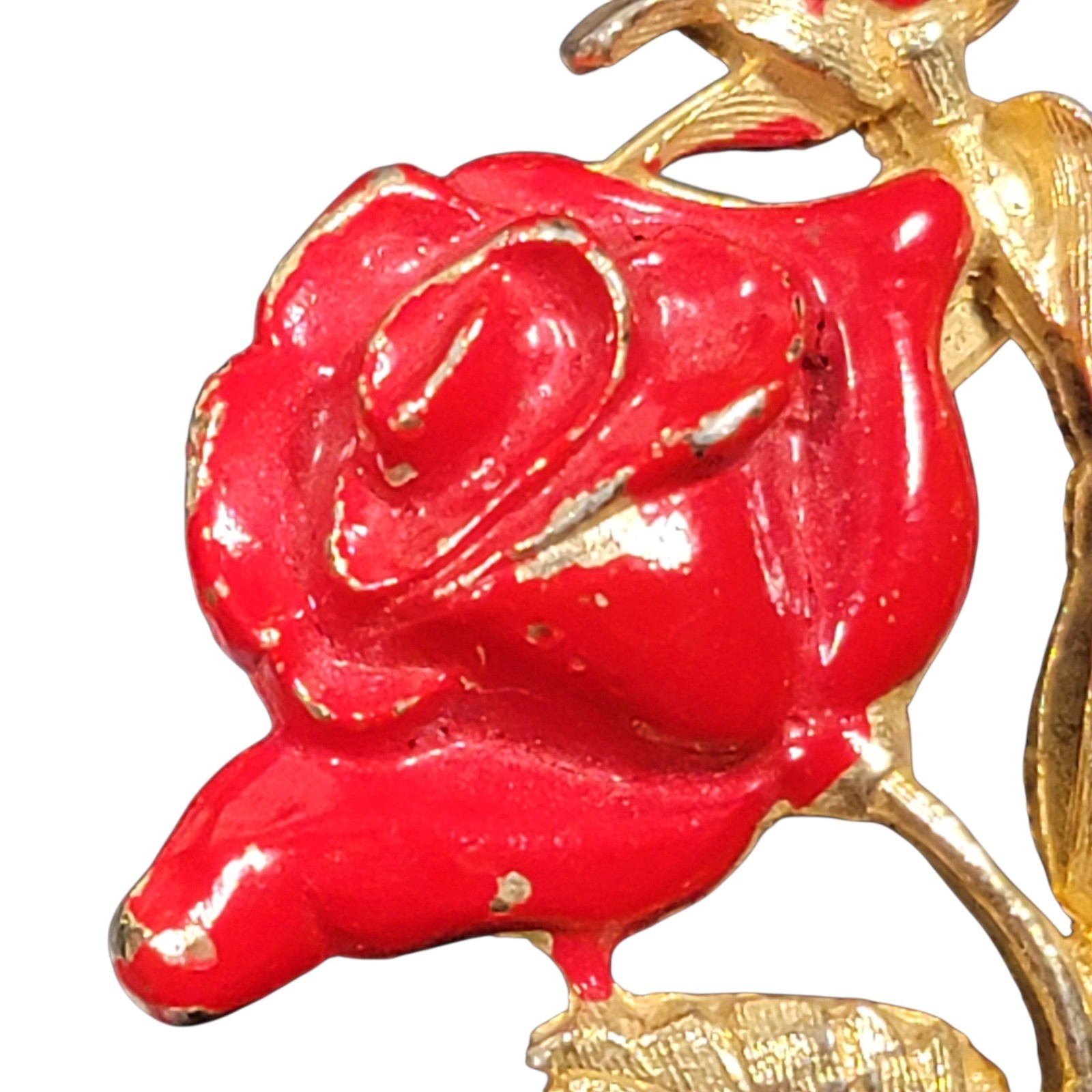 VTG 60s General Mfg Red Enamel Rose Brooch Pin Gold Tone MCM Flower Costume