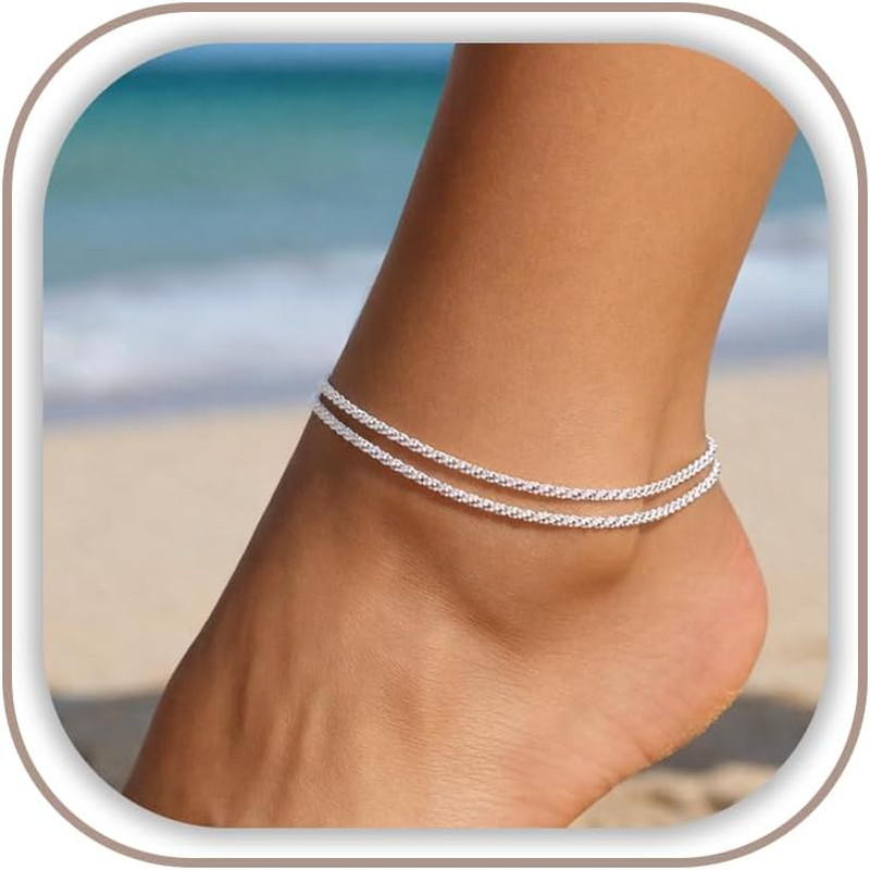 Sterling Silver Ankle Bracelets for Women: Dainty Layered Waterproof Anklet for