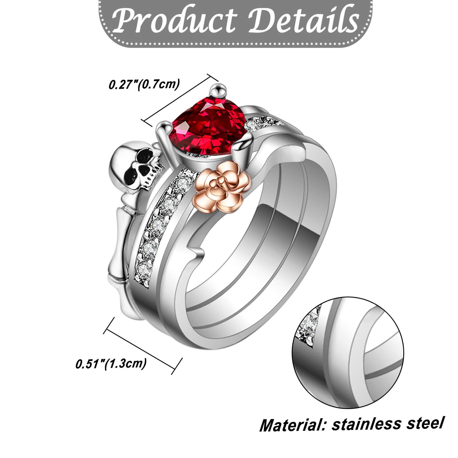 3-in-1 Women Gothic Punk Skull Cube Zirconia Ring Stainless Steel Stackable Ring