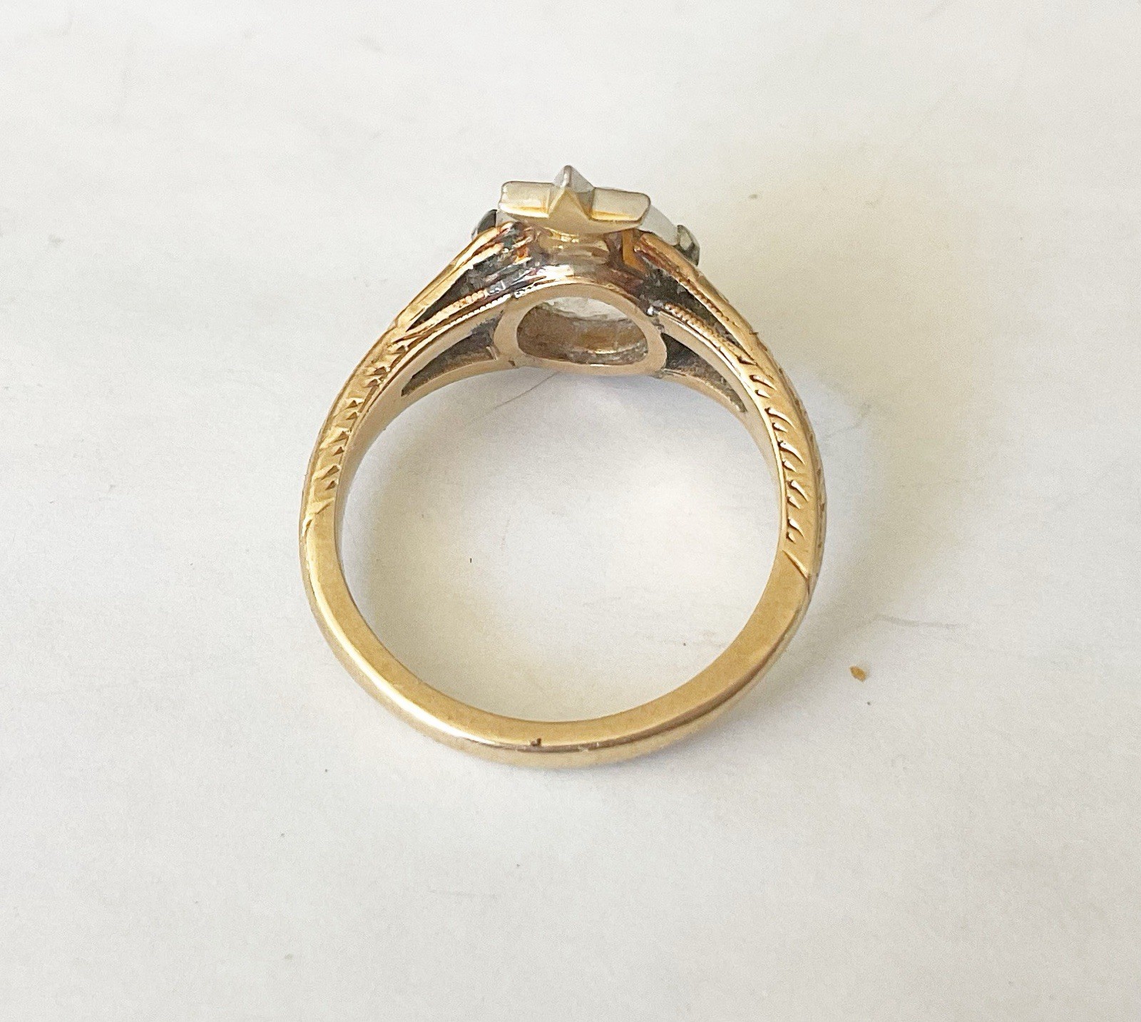Antique Victorian 14k Ring With Carved Moon face Moonstone Diamond G2U
