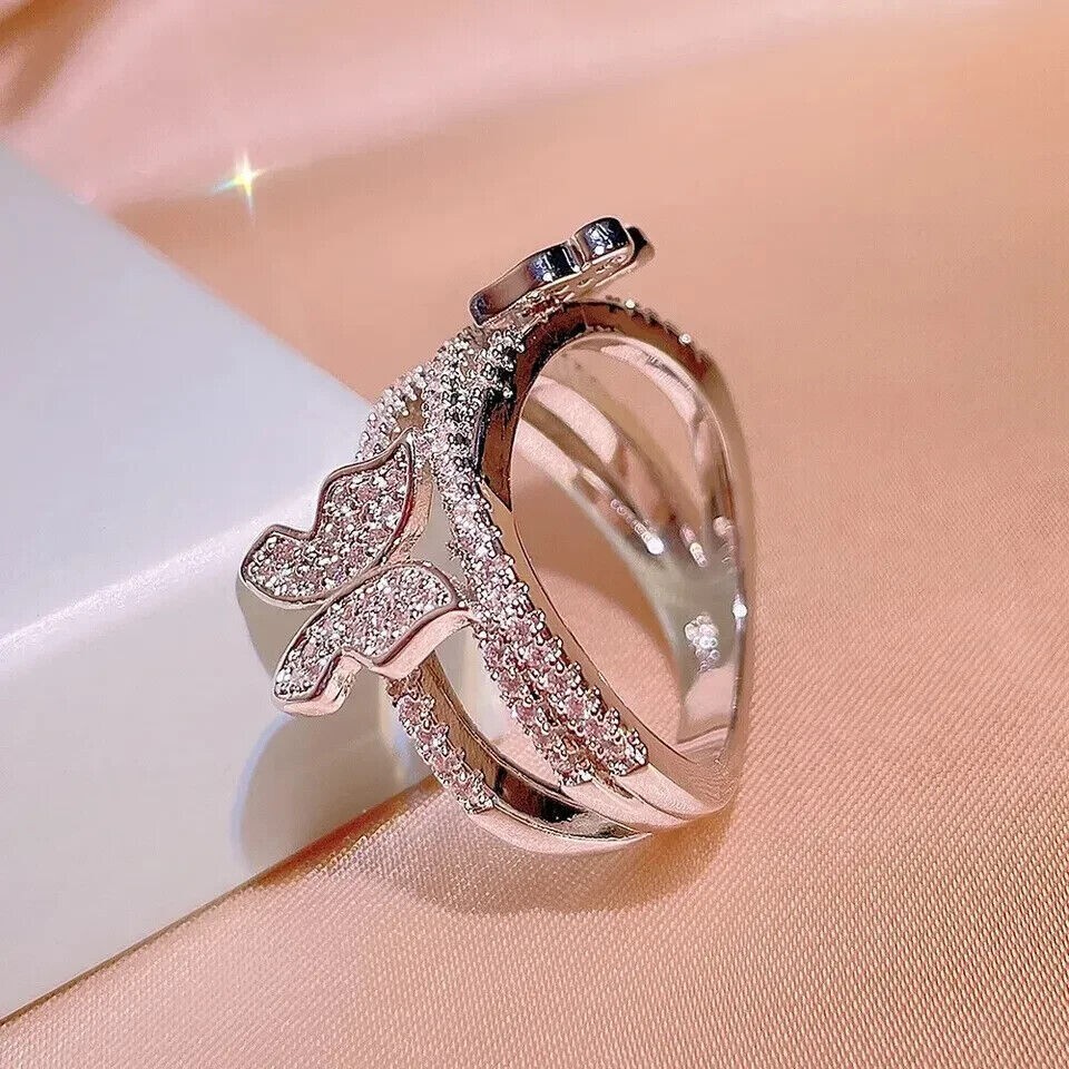 Round Cut Simulated Diamond Butterfly Engagement Ring In 14K White Gold Plated
