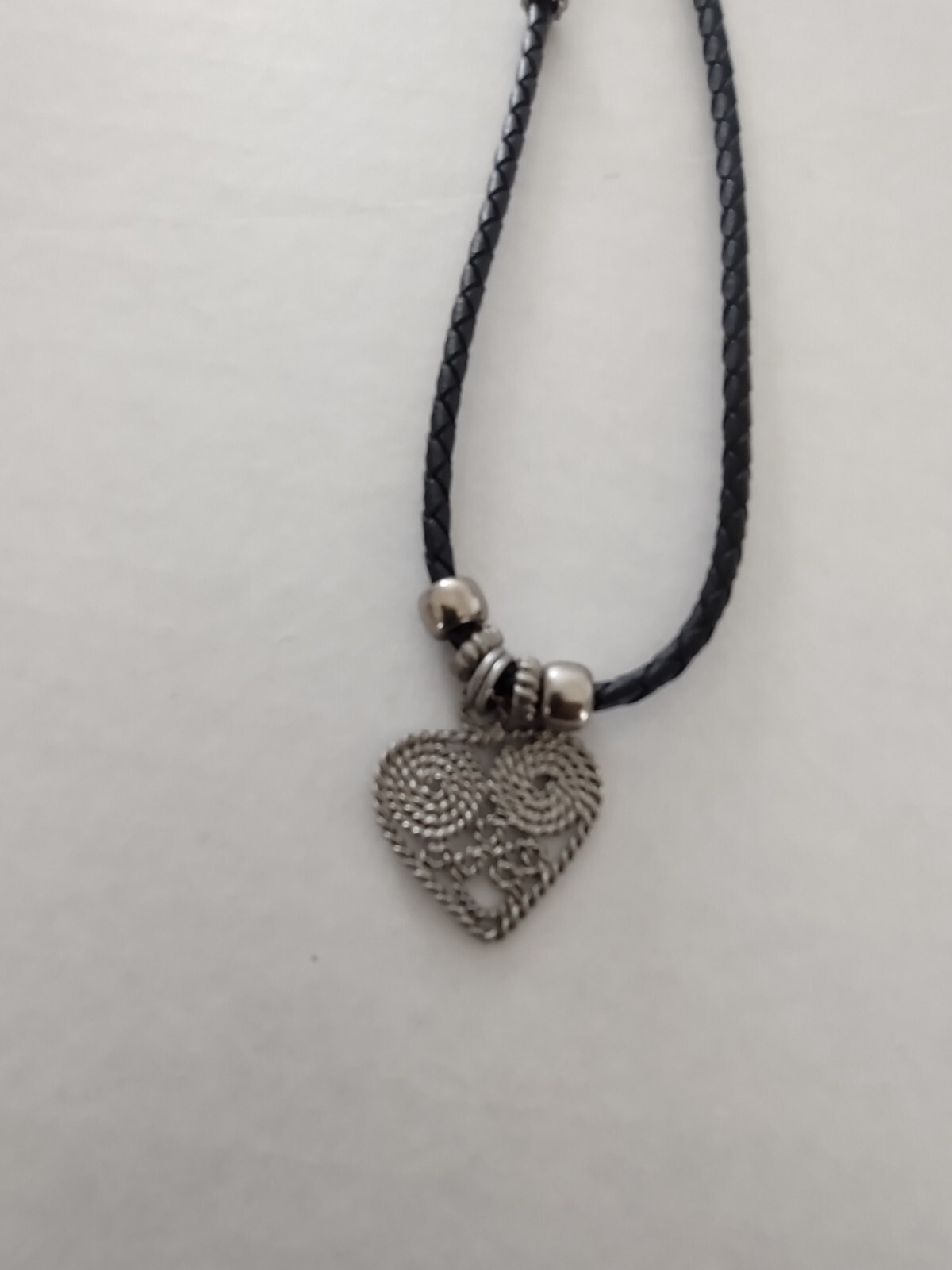 Vintage Silvertone Heart Pendant Choker Necklace Black Braided Leather Cord