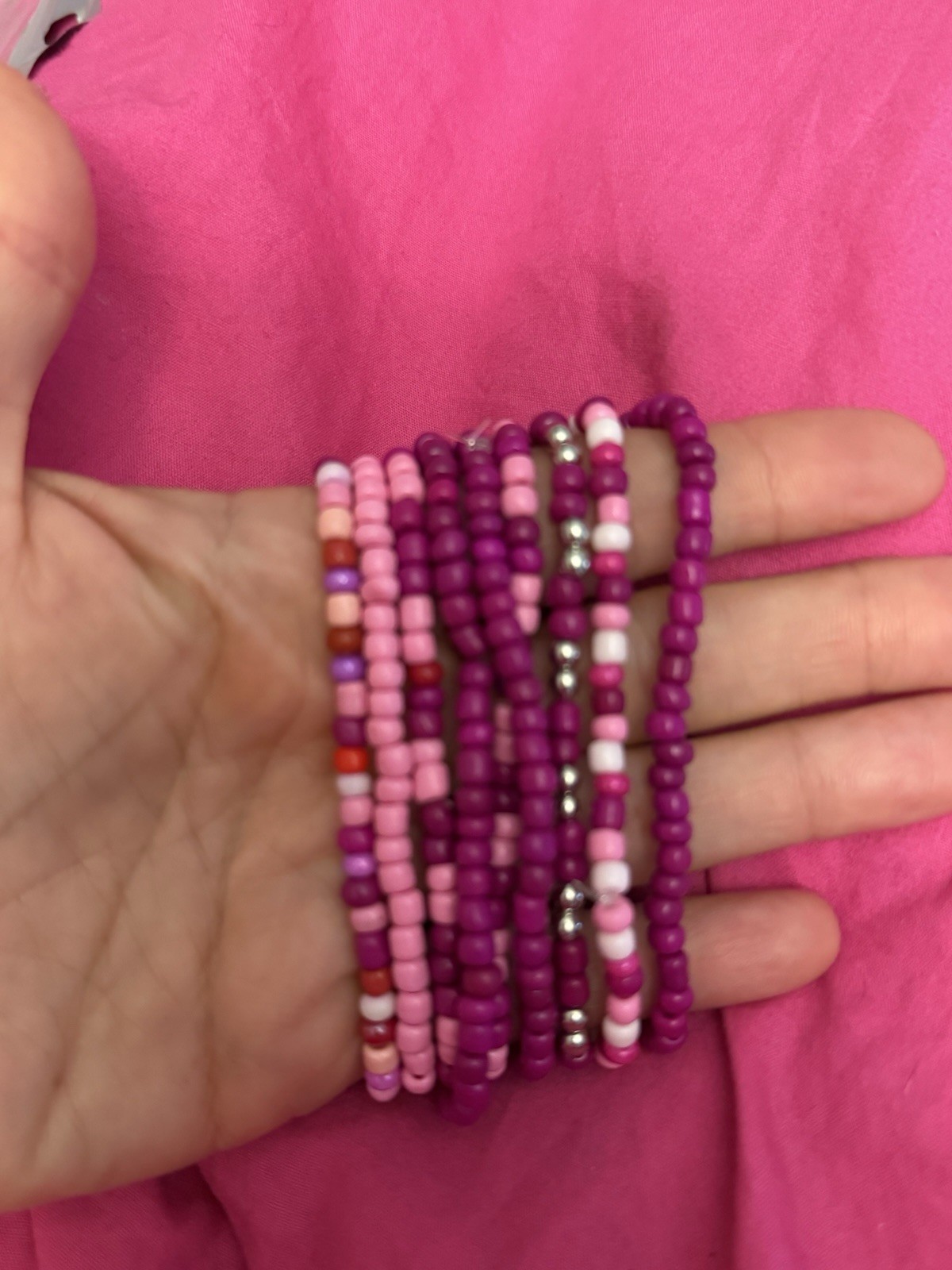Pink Purple Beaded Stackable Stretch Wrap Bracelets Round Slip-On No Stone