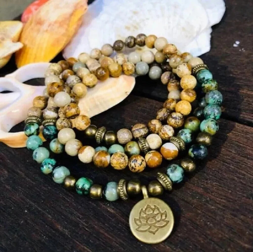 African Turquoise 108 Mala Beads Prayer Meditation Necklace Wrap Bracelet Gift