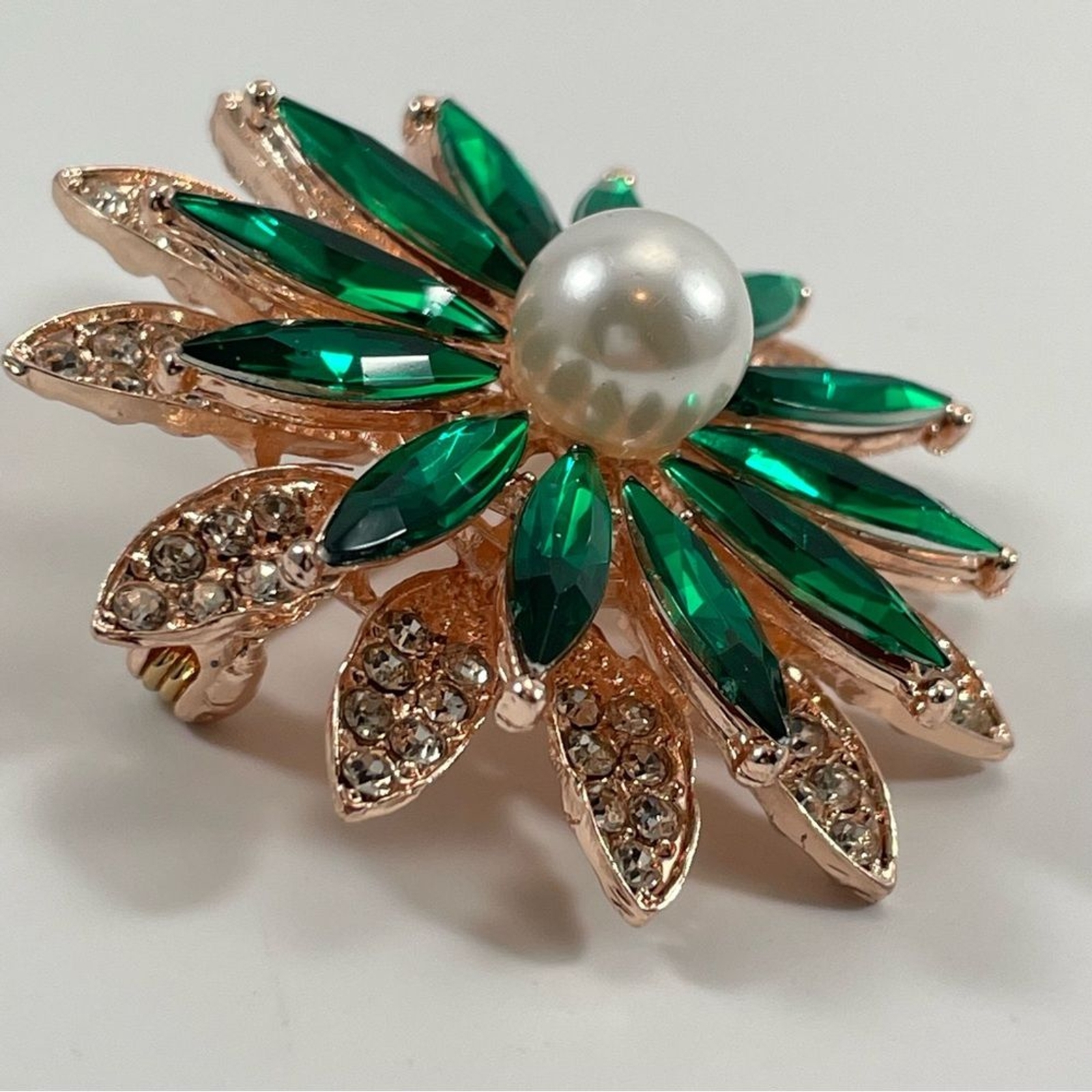 Rose Gold Tone Green White Rhinestone Faux Pearl Flower Brooch Pin Statement